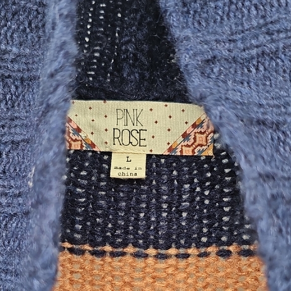 Pink Rose Navy Blue Fair Isle Open Front Cardigan,Boho Knit Longline Sweater (L) - Picture 2 of 6